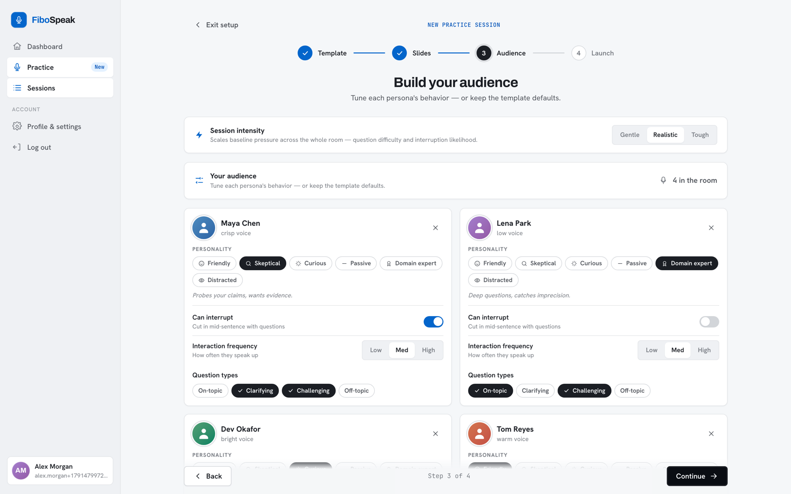 FiboSpeak audience setup: four listeners, each with a personality, interrupt switch, and question types