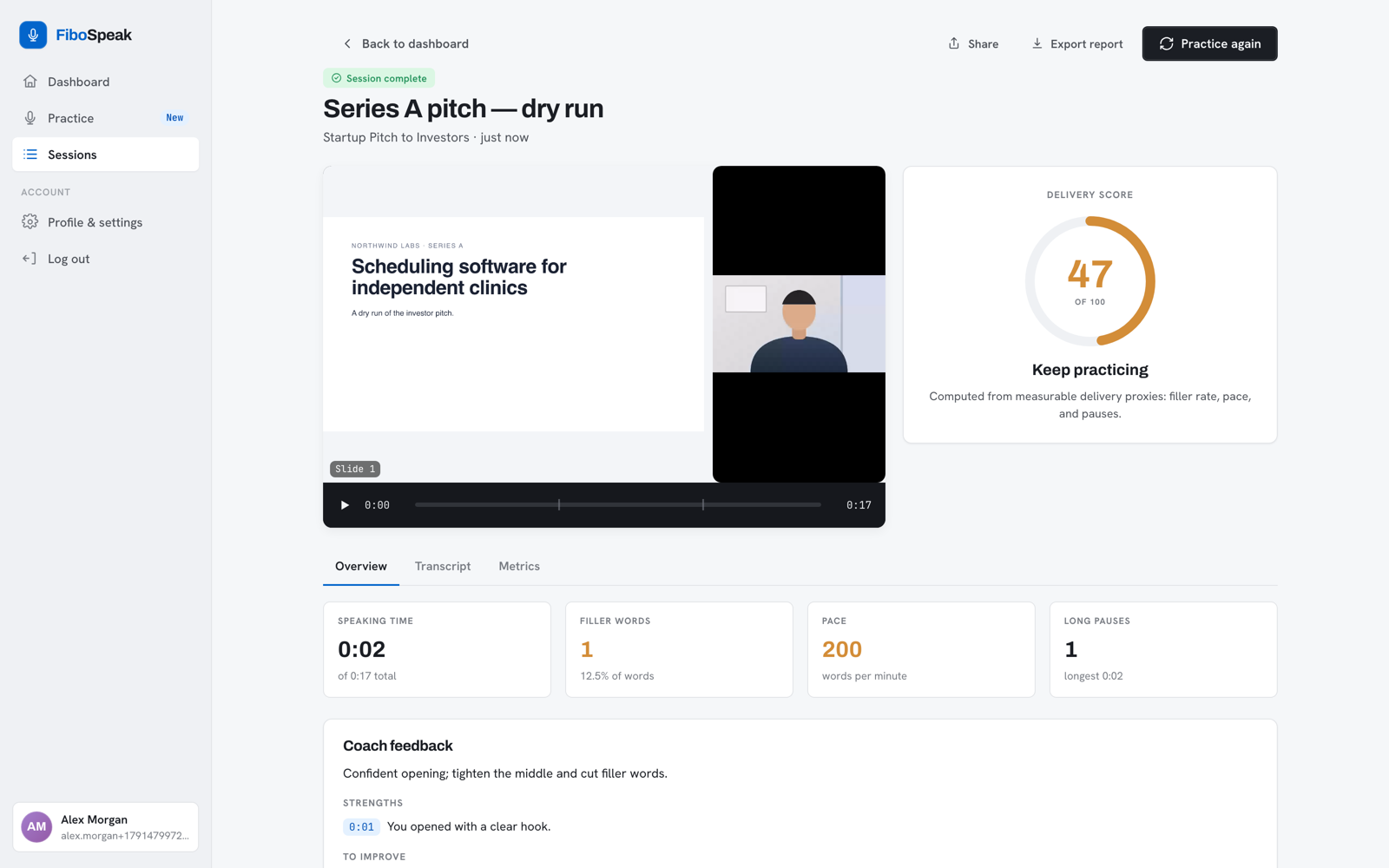 FiboSpeak review screen: synced recording, delivery score, filler words, pace, and coach feedback